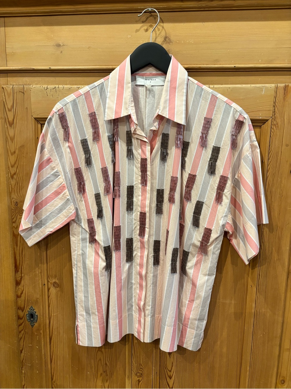 Beatrice Valenzuela Pink White Striped Short-Sleeve Button Down Shirt with Beads